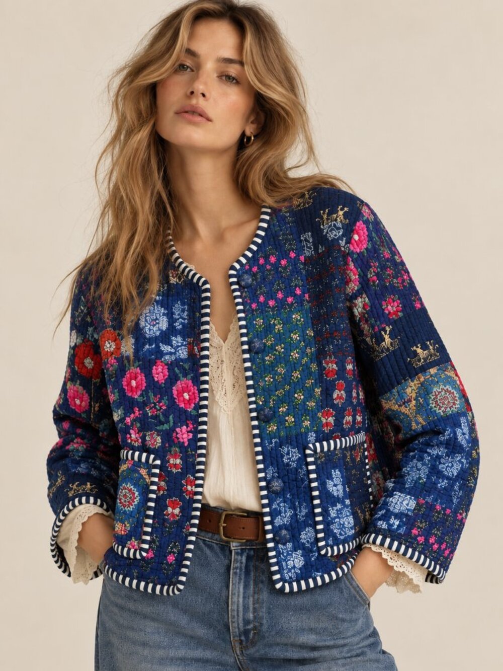 Reversible Quilted Jacket Patchwork Floral Striped Kantha Boho Art to Wear S